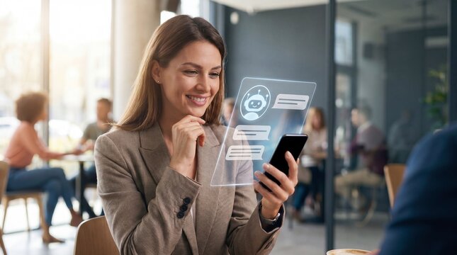 Smiling businesswoman using AI chatbot virtual assistant on smartphone, Young professional chatting with artificial intelligence bot via hologram interface