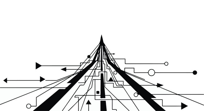 Abstract representation of converging pathways and data flow towards a central point.