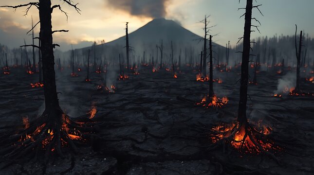Photorealistic CGI Scene of Ash-Covered Forest Destruction Around Mount Merapi
