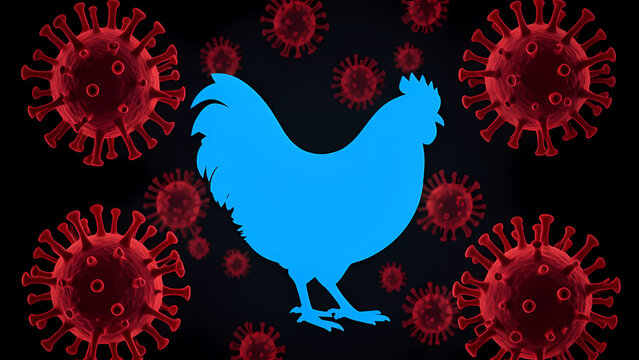 ​A blue silhouette of a rooster centered among floating red avian influenza (bird flu) virus particles, characterized by their distinct surface spikes, set against a dark, contrasting background.