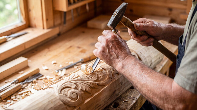The master creates a decorative pattern from wood in the carpentry workshop. Woodwork, wood carving workshop