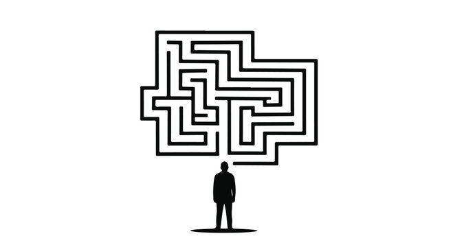 Person contemplating a complex maze, symbolizing confusion and problem-solving challenges.