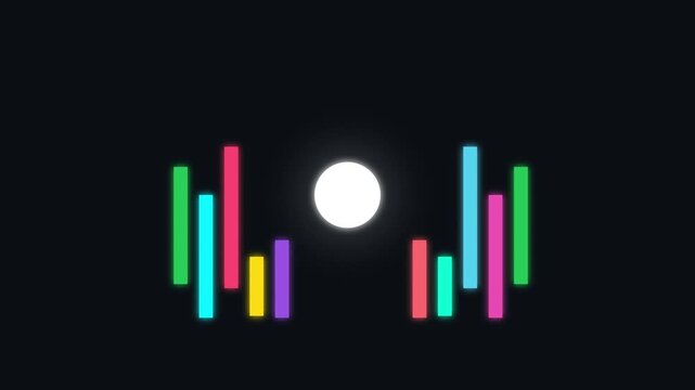 Colorful audio spectrum visualizer with glowing white circle, vibrant music equalizer bars on black background, digital sound wave animation