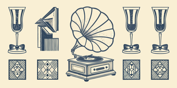 Vintage gramophone and champagne glasses art deco illustration