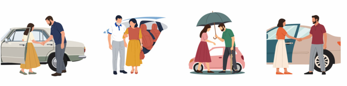 Set of illustrations showing gentlemanly conduct and chivalry towards women and elderly during car travel including opening doors and holding an umbrella.