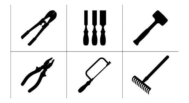 Set of 6 Black Silhouettes: Hand Tools Collection, DIY Crafting & Repair Icons, Construction & Gardening Equipment