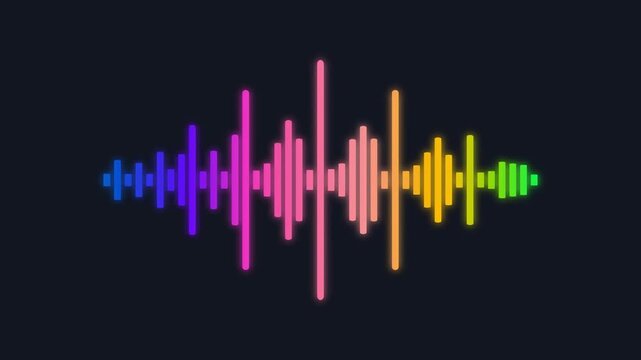 Colorful audio waveform visualization, rainbow digital sound frequency bars, neon music equalizer animation on dark background
