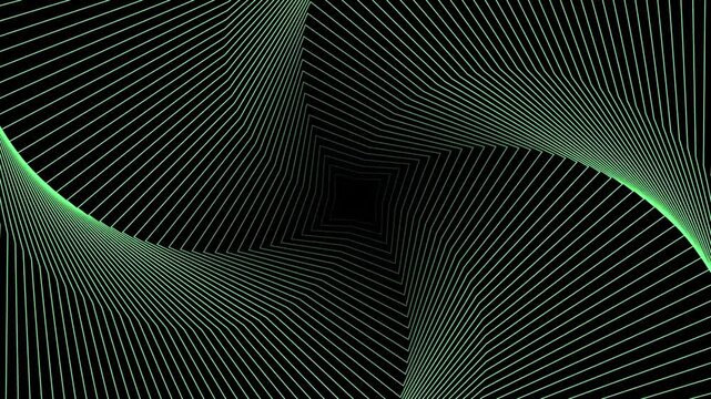 Mint green line tunnel with rotating geometric shapes moving inward on a black background.