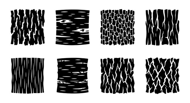 Set of 8 Black and White Wood Bark Texture Patterns, Natural Organic Surface Designs, Rough Tree Skin Vector Graphics for Backgrounds and Design Elements