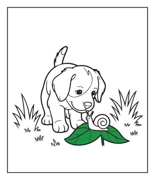 Dog seeing a snail in nature black vector outline illustration for kids coloring page fun activities
