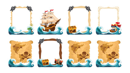 Pirate Theme Frames: A collection of nautical-themed decorative frames featuring pirate ships, treasure chests, maps, and crashing waves, perfect for creating an adventurous feel. © Murshida