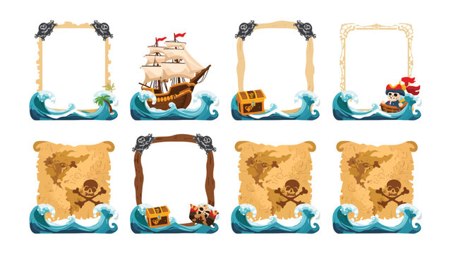 Pirate Theme Frames: A collection of nautical-themed decorative frames featuring pirate ships, treasure chests, maps, and crashing waves, perfect for creating an adventurous feel.