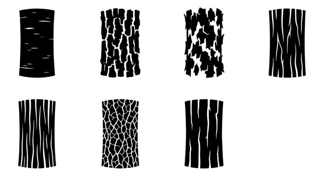 Set of 8 Black and White Vector Tree Bark Textures, Natural Wood Grain Patterns, Organic Surface Designs for Graphic Resources