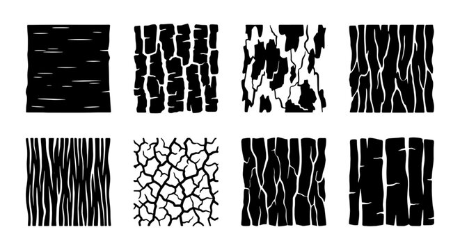 Textured Bark Patterns, Organic Wood Grain Vector Graphics, Natural Tree Surface Backgrounds, Set of 8 Black and White Designs