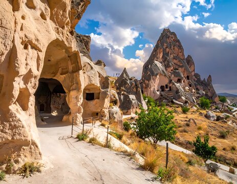 A scenic landscape with unique rock formations and a road