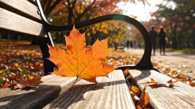 Beautiful autumn scene with orange maple leaf resting on wooden park bench with blurred background and people