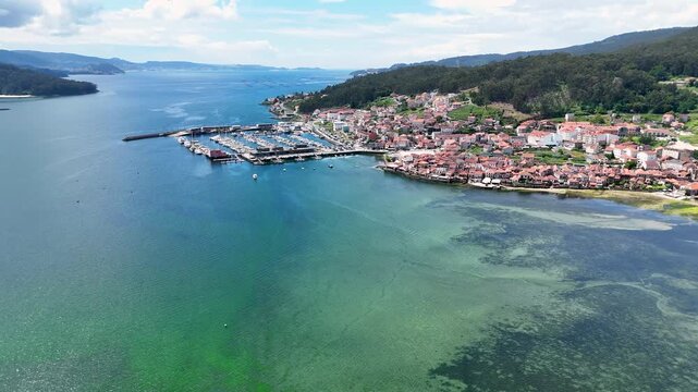 Aerial view of combarro fishing village and marina in galicia spain
