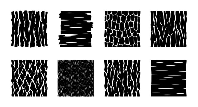 Set of 8 Black and White Wood Grain Textures, Natural Tree Bark Patterns, Organic Surface Backgrounds, Rough Wood Grain Vector Graphics
