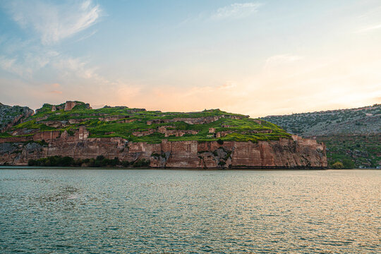 The scenic sunset views of the Rumkale, a ruined fortress on the Euphrates, located in the province of Gaziantep and 50 km west of Şanlıurfa, Turkey