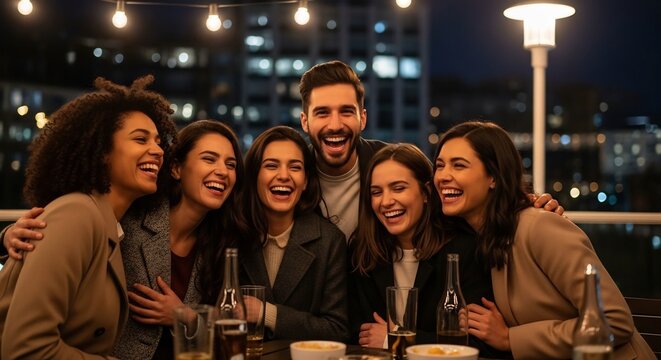 夜の都会に広がる美しい風景を背景に 柔らかな暖色のストリングライトが優しく照らすルーフトップテラスで 多様な友人たちが互いに心からの笑顔と笑い声を交わし合い 最高の思い出を作る賑やかな楽しいひととき. AI Generated