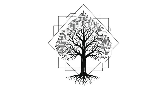 Intricate tree of life illustration with geometric patterns symbolizing growth and connection