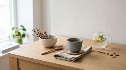 Fototapeta premium Bright and inviting still life of a cozy beverage setup with tea, herbal accents, and citrus-infused water, promoting a sense of calm and natural living