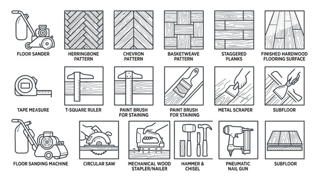 Set of construction and flooring installation tools and wood patterns.