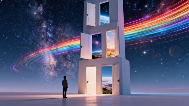 Man standing before a tower with open doors