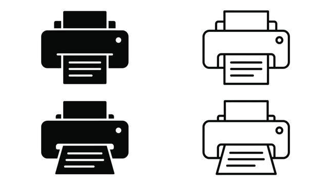 Set of four flat printer icons in solid and outline styles.
