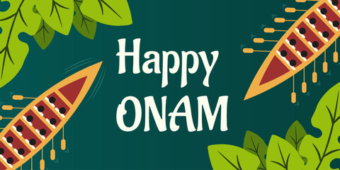 Happy Onam horizontal Banner. Vector Wallam Kali Boat competitions concept with bold Holiday message isolated Background. Happy Oman Holiday Banner cover. EPS 10 © Svetlana