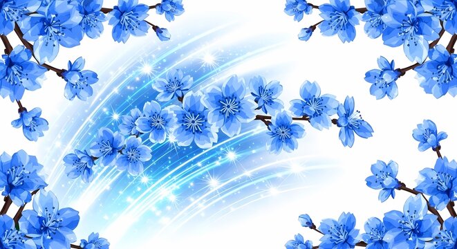Vibrant blue cherry blossoms bloom against a backdrop of swirling, sparkling light effects, creating a magical and ethereal atmosphere.