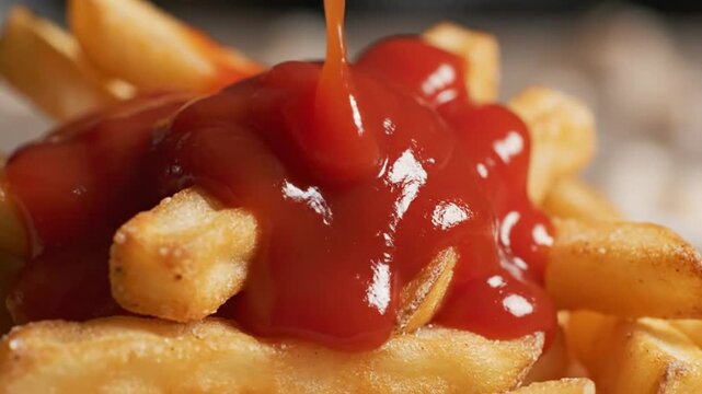 Ketchup pouring over a pile of crispy golden French fries, creating a delicious fast food snack.