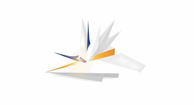 Abstract geometric composition of white and gold paper-like elements with blue accents, dynamically unfolding on a clean white background.