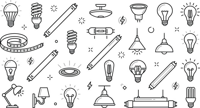 Modern Light Bulb and Lamp Icon Set with LED Fluorescent Tube and Decorative Lighting Fixtures for Interior Design Home Improvement Energy Efficiency and Electrical Equipment Vector Illustrations