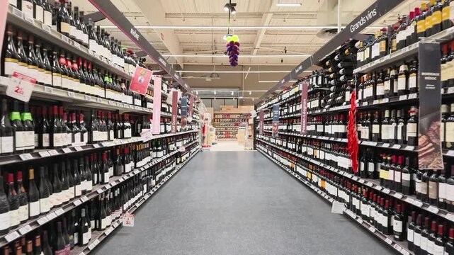 Wide Shot of Wine Aisle in a French Supermarket in Bordeaux