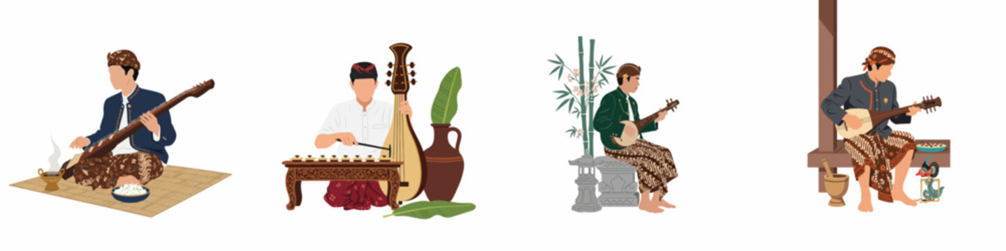 Illustrations of men in traditional Indonesian attire playing ethnic musical instruments like the kacapi, rebab, and lute against a white background.