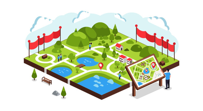 A person views an isometric amusement landscape map at a minimalist theme park.