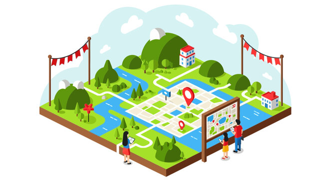 Isometric view of people exploring a minimalist theme park in an amusement landscape.