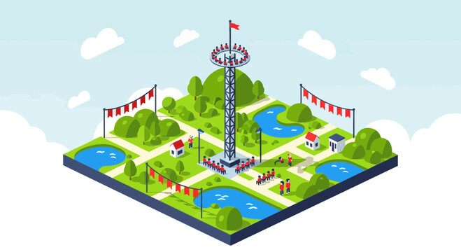 An isometric amusement landscape depicts a minimalist theme park at sunset with a rollercoaster, trees, people, rides, attractions, landscape, and architecture.