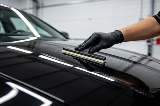 Person applying coating to car hood
