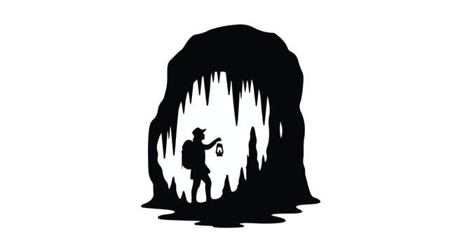 Adventurer with lantern explores mysterious dark cave with stalactites