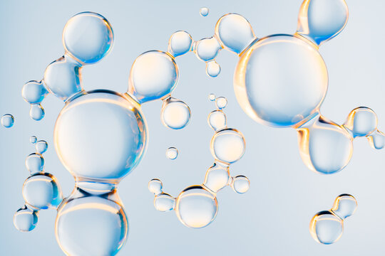 Abstract cosmetic molecule structure with transparent gel bubbles. Futuristic skincare serum, collagen and peptide concept, clean beauty science background with glossy liquid texture.