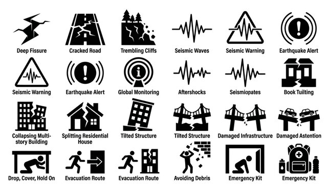 Set of twenty four black earthquake and disaster icons for emergency preparedness.
