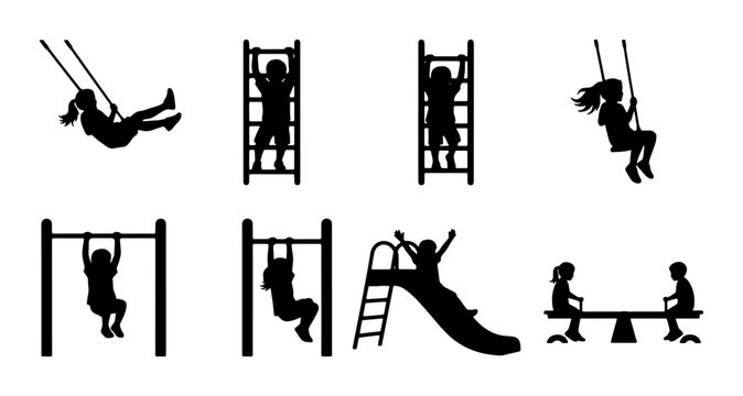 Children's Playground Silhouettes, 6 Vector Icons Set: Swings, Ladders, Slides, Monkey Bars, See-Saw for Outdoor Activity and Recreation Graphics