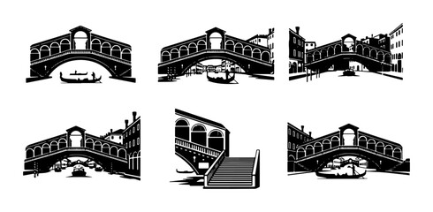 Rialto Bridge Vector Collection, Venice Landmark Scenes, Gondola Waterway Views, Italian Architecture Silhouettes, Black and White Cityscape Illustrations © Mehnaz