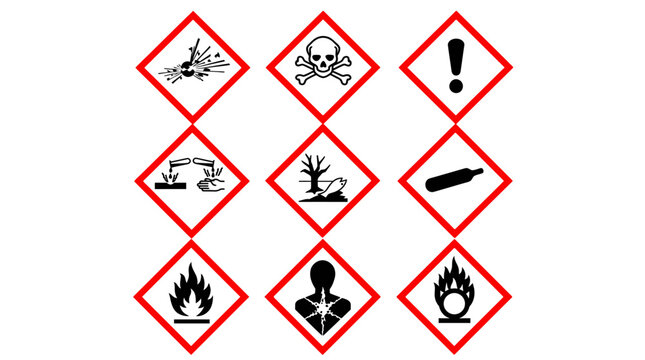 Set of Nine Global Harmonized System Chemical Hazard Warning Pictograms.