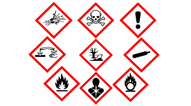Set of Nine GHS Hazard Pictograms for Chemical Safety and Warning Labels.