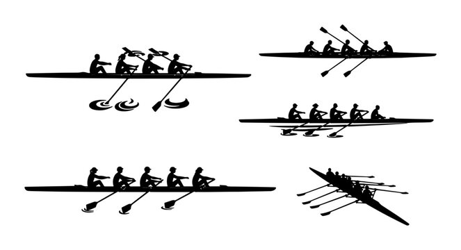 Rowing Team Silhouettes, Diverse Boat Designs, Competitive Water Sport Icons, Nautical Activity Graphics, Athletic Performance Vector Set