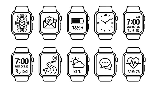 Set of smartwatch line icons with different app interface screens.