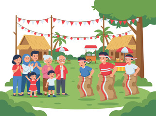 Fototapeta premium Indonesian Family Celebrating Independence Day with Traditional Sack Race Game and Festive Village Decorations